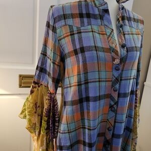 Plaid Button-Up Shirt with Floral Sleeves